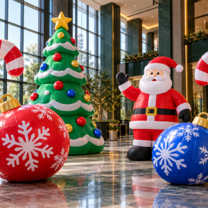 Custom inflatable Christmas display design examples with a tree, Santa, giant baubles and candy canes