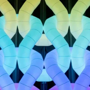 Interwoven illuminated inflatable forms in a custom art installation