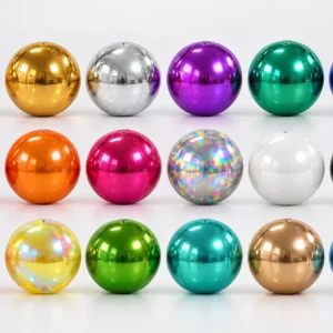 Eighteen custom inflatable mirror-ball finishes including gold, silver, rainbow, pearl white and coloured metallics