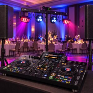 DJ package with Pioneer RX3 decks, two QSC speakers and Chauvet GigBAR 2 lighting in a ballroom