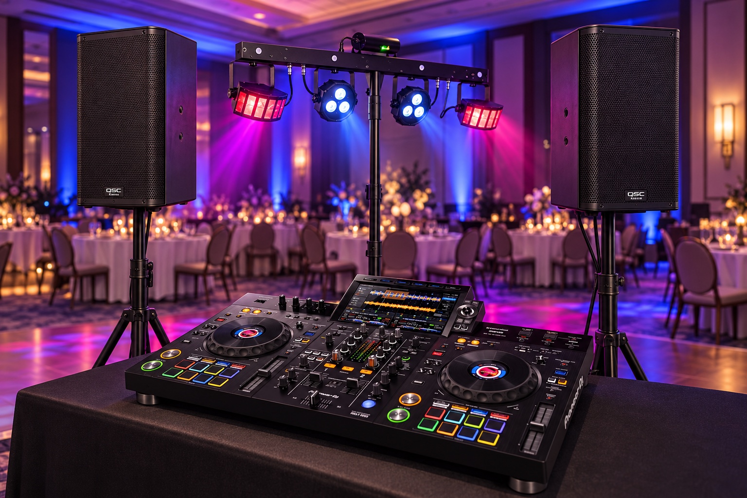 Dj Equipment Sound and Lighting Event Setup Example | Osmic Productions Dj Package with Pioneer Rx3 Decks, Two Qsc Speakers and Chauvet Gigbar 2 Lighting in a Ballroom