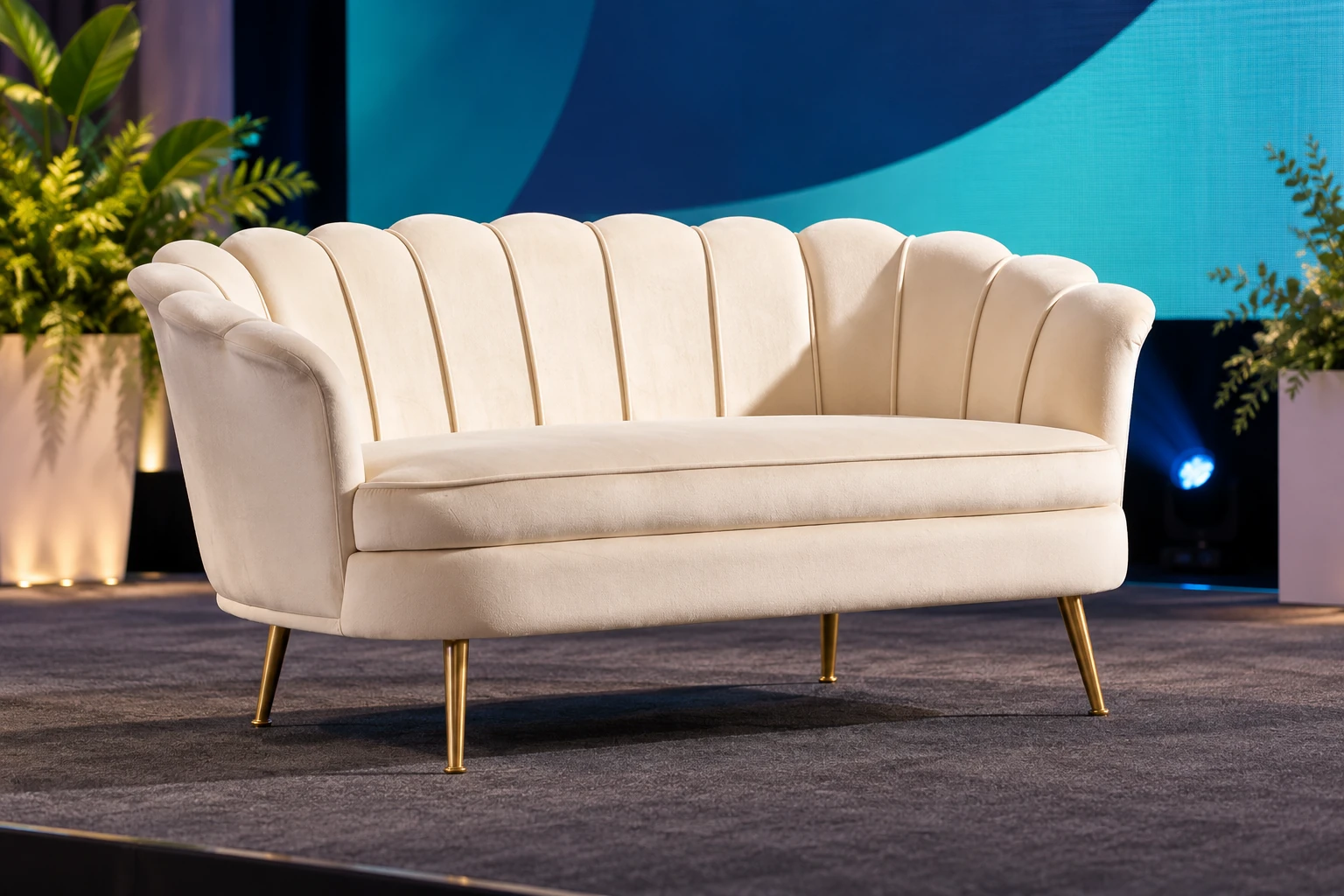 Erky Beige Sofa Corporate Stage Styling Example | Osmic Productions Erky Beige Two-seater Sofa Shown on an Example Corporate Interview Stage