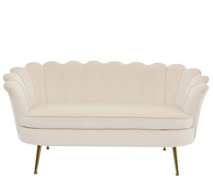 Erky Beige Twoseater Sofa Exact Product | Osmic Productions Erky Beige Velvet Two-seater Sofa with Scalloped Back and Gold Legs