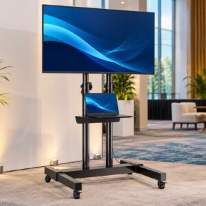Exhibition display configuration with 55-inch TV on wheeled floor stand and an event laptop