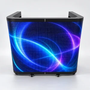 Foldable Led Dj Booth Front View | Osmic Productions Foldable Curved P3.91 Led Dj Booth with Blue and Purple Display Graphics