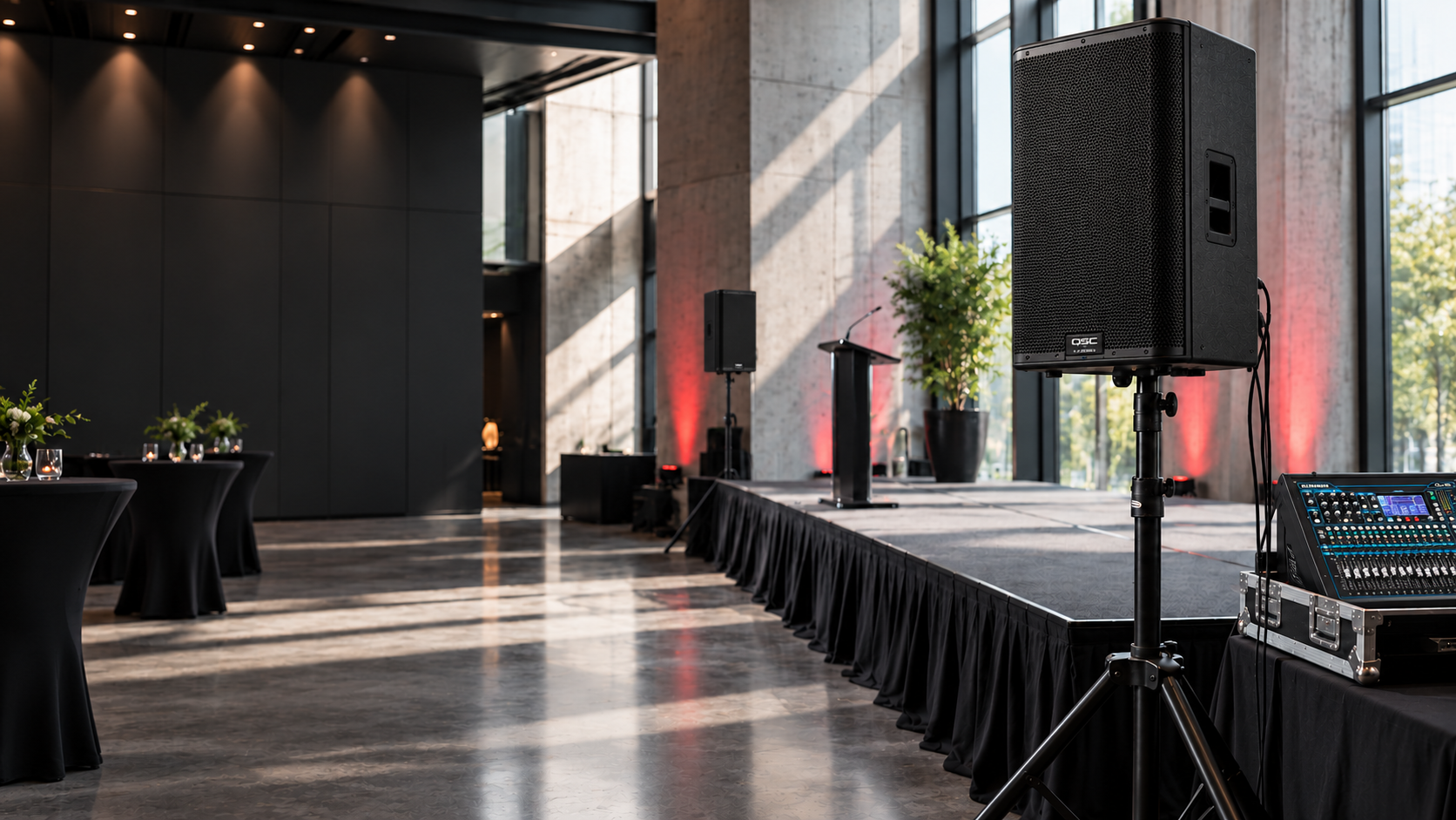 Illustrative event setup with PA speakers, a stage, lectern, mixing position and accent lighting