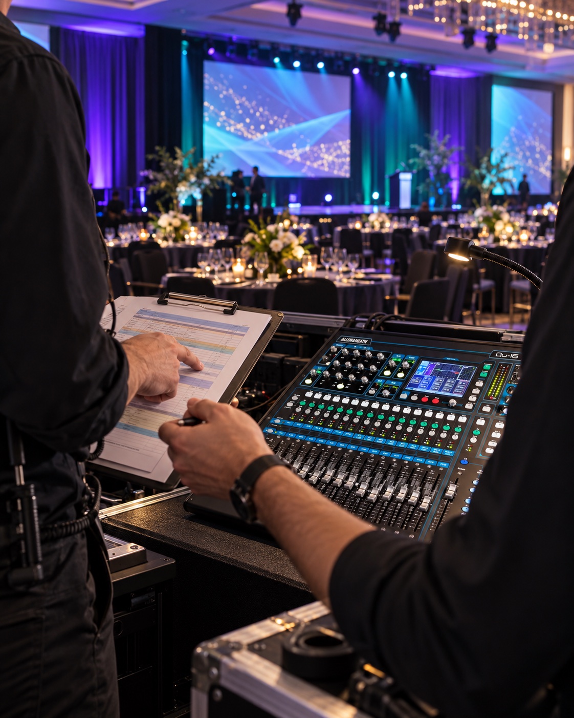 Illustrative event planning scene with a run sheet and Qu-16 mixer overlooking a gala ballroom