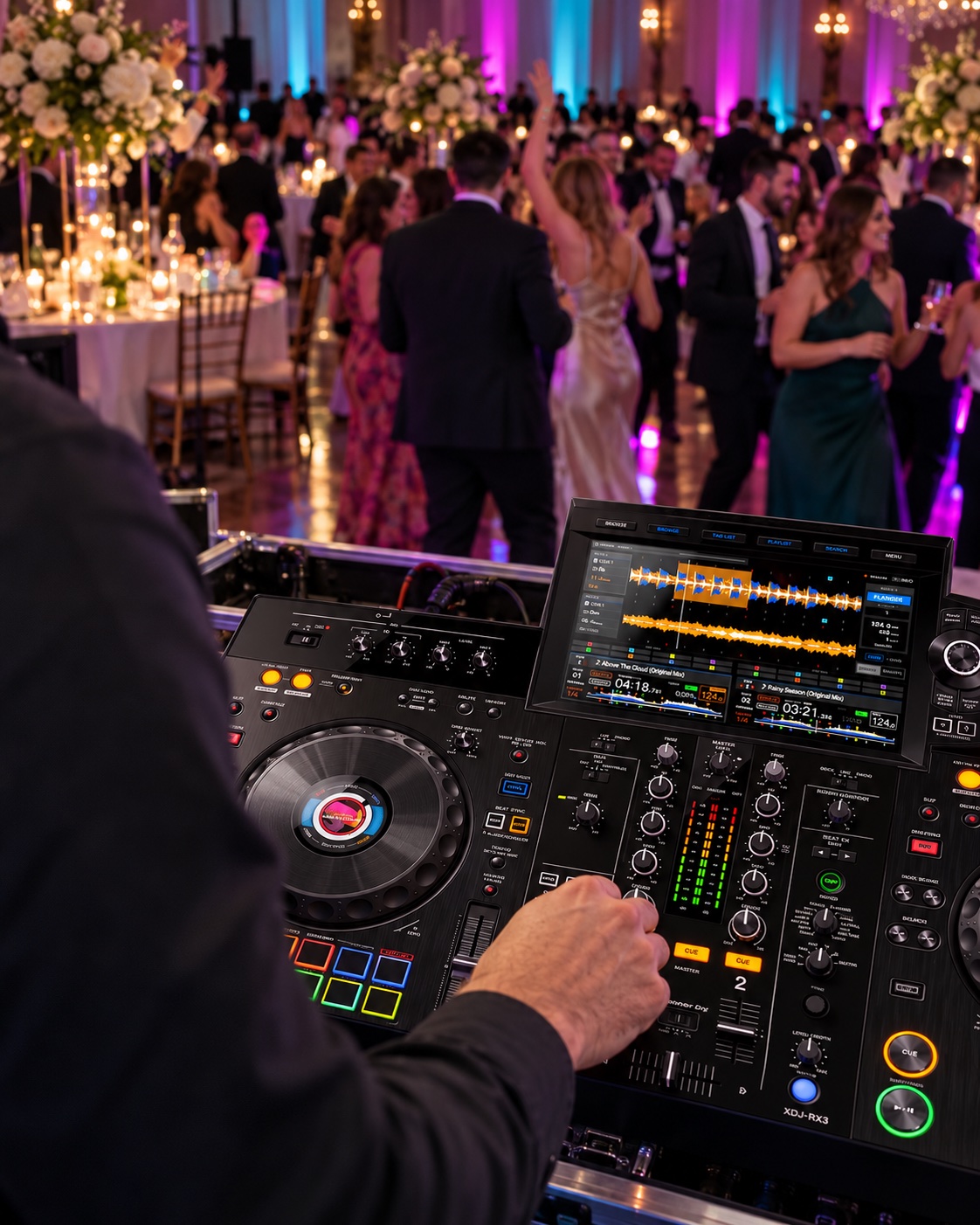 Illustrative ballroom reception with a DJ using Pioneer XDJ-RX3 equipment