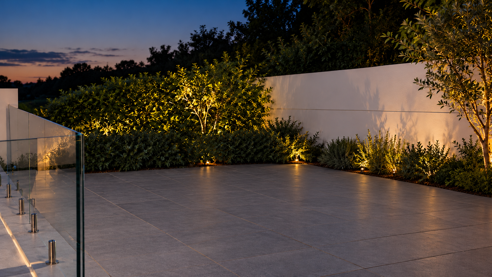 The same illustrative terrace before illuminated furniture is added