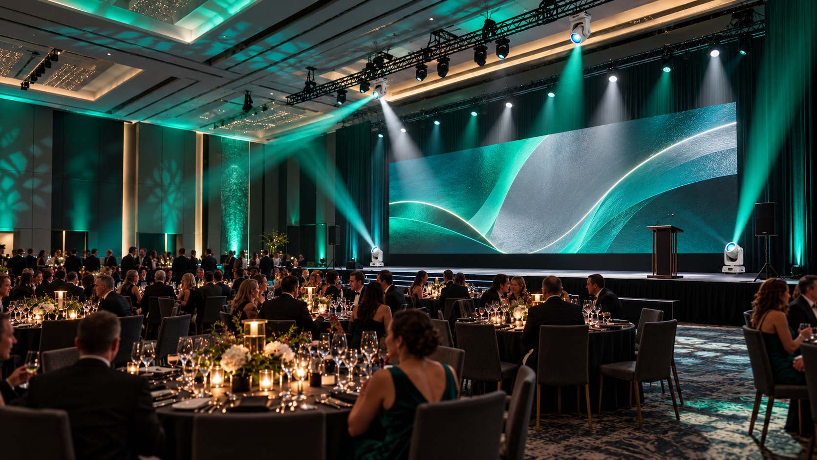 Illustrative gala ballroom with emerald lighting