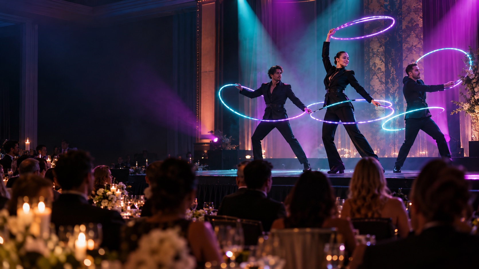 Illustrative gala entertainment scene with LED hoop performers and seated guests