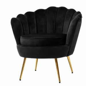Black velvet Oyster armchair with a scalloped back and gold legs