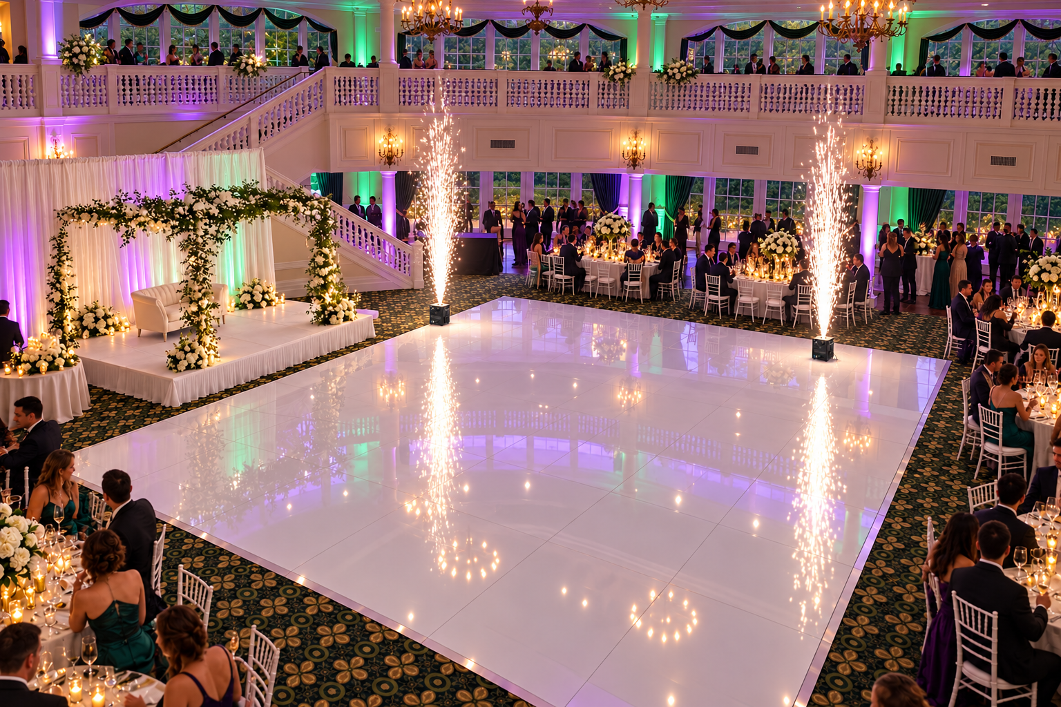 Illustrative wedding ballroom with cold-spark special effects
