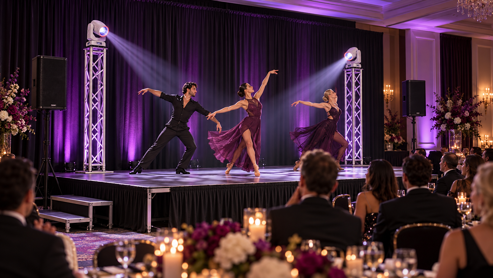 Illustrative gala performance on modular staging with box-truss totems, white moving-head fixtures and QSC speakers based on Osmic hire references