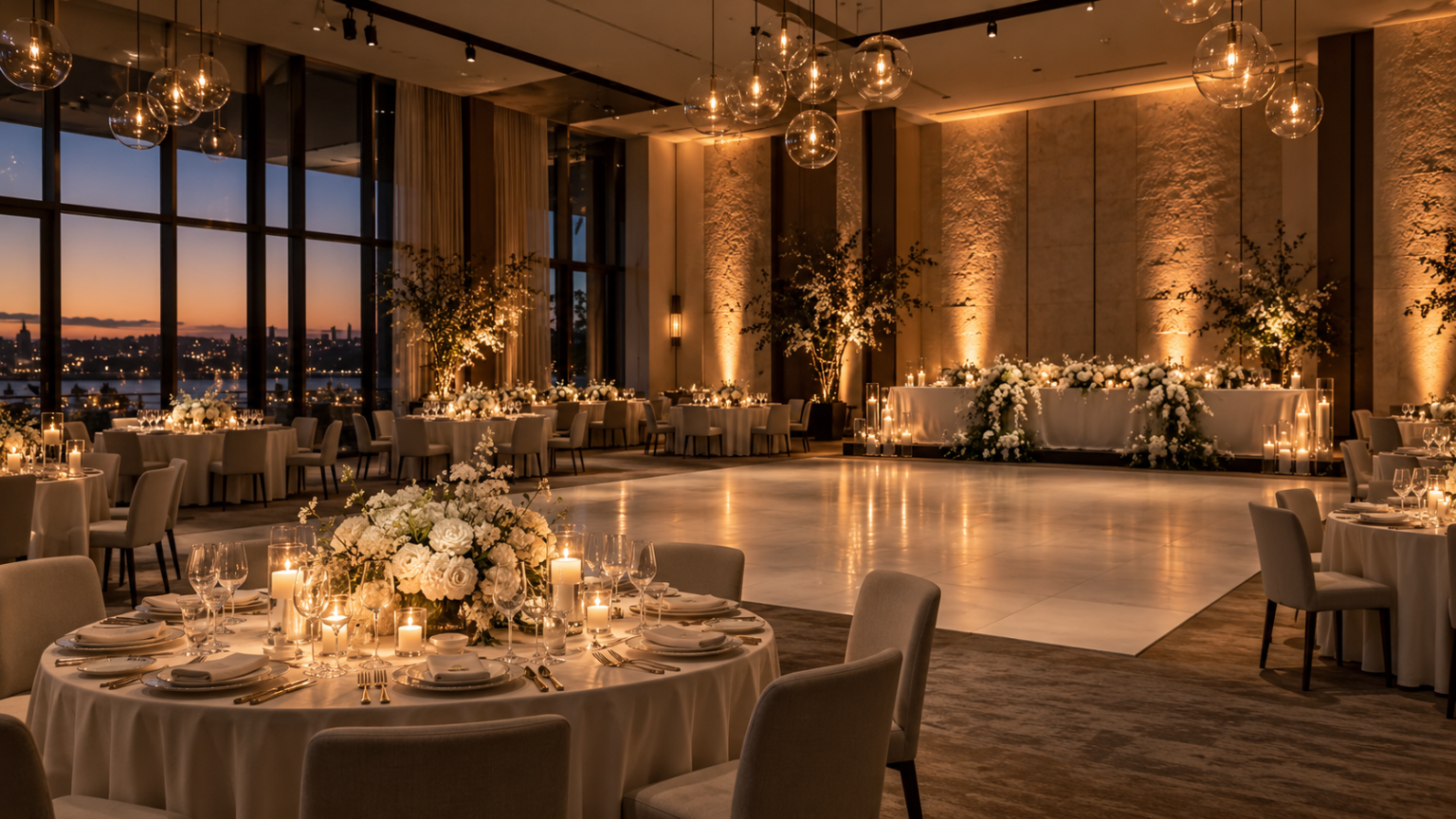 Illustrative Wedding Lighting Concept with Warm Uplighting, Glass Pendants and Candlelit Reception Tables