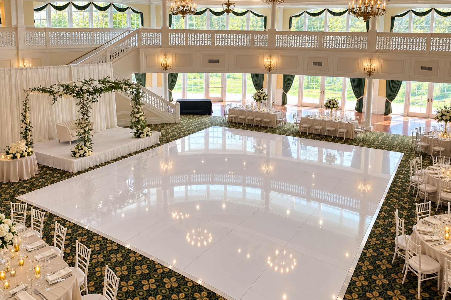 Recreated reception with a white gloss dance floor based on an Osmic event photograph