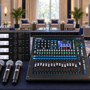Panel AV package with four wireless microphone systems, digital mixer and two QSC speakers in a conference setting