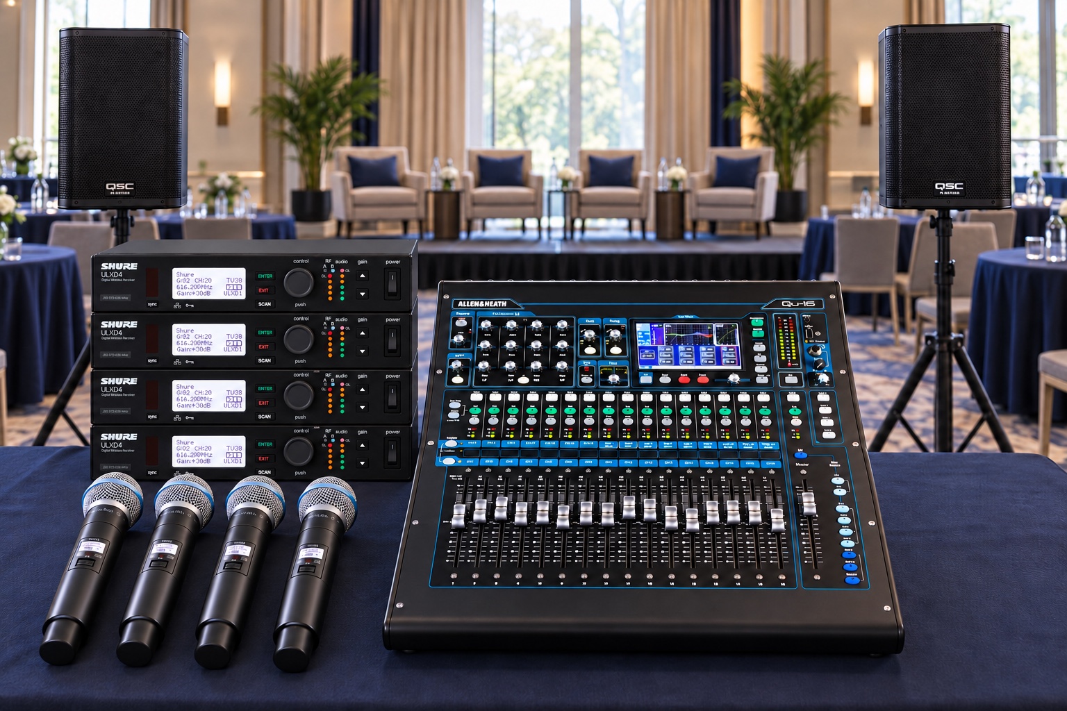 Panel Discussion Av Package Event Setup Example | Osmic Productions Panel Av Package with Four Wireless Microphone Systems, Digital Mixer and Two Qsc Speakers in a Conference Setting