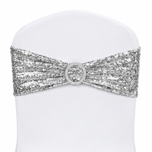 Silver sequin stretch chair band with small round buckle on a white chair cover