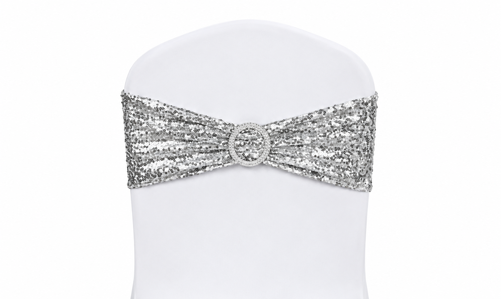 Silver Sequin Chair Band with Small Round Buckle | Osmic Productions Silver Sequin Stretch Chair Band with Small Round Buckle on a White Chair Cover