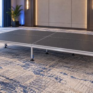 Four-deck 4m by 2m stage platform configuration with black tops, aluminium edges and 600mm legs